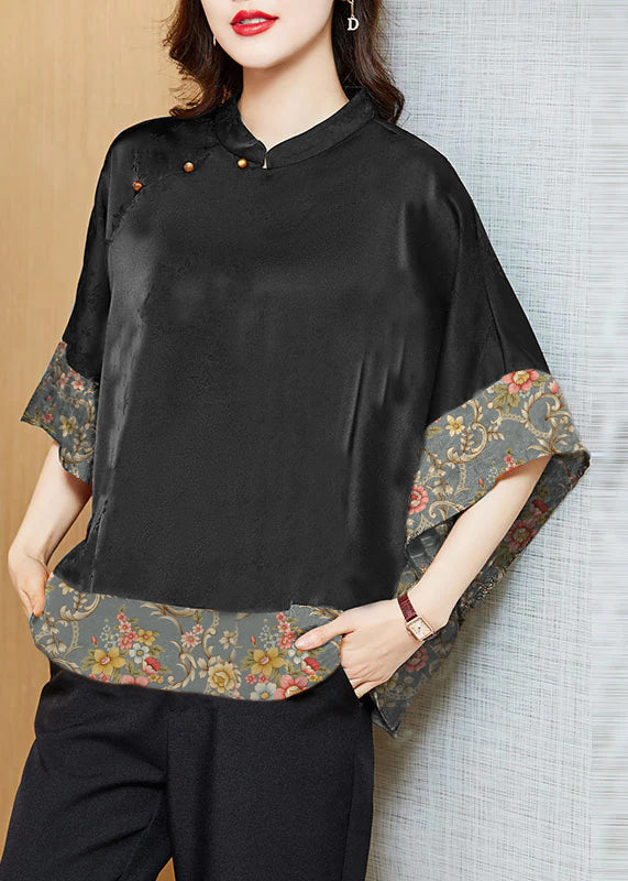 Vintage Black Mandarin Collar Asymmetric Patchwork Silk Blouse