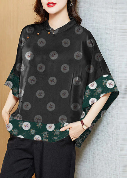 Vintage Black Mandarin Collar Asymmetric Patchwork Silk Blouse