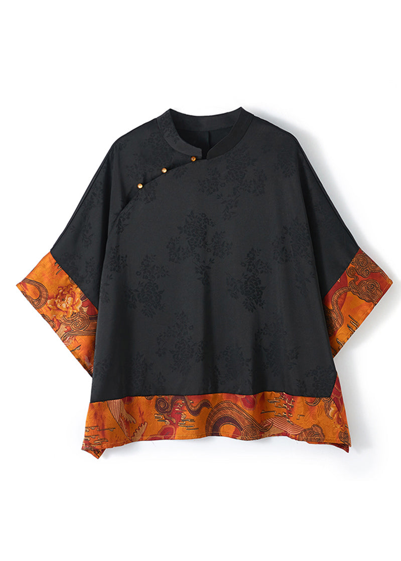 Vintage Black Mandarin Collar Asymmetric Patchwork Silk Blouse