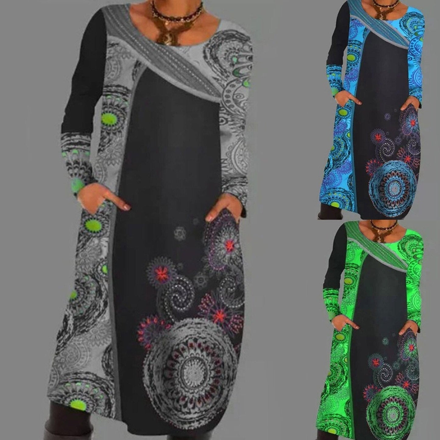 Vintage Print Pullover Dress with Pockets