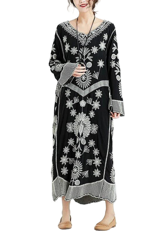 Women's V-neck Chiffon Dress with Black Pattern