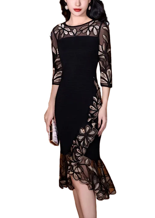 Women's Fishtail Skirt Dress with Embroidery and Half Sleeves