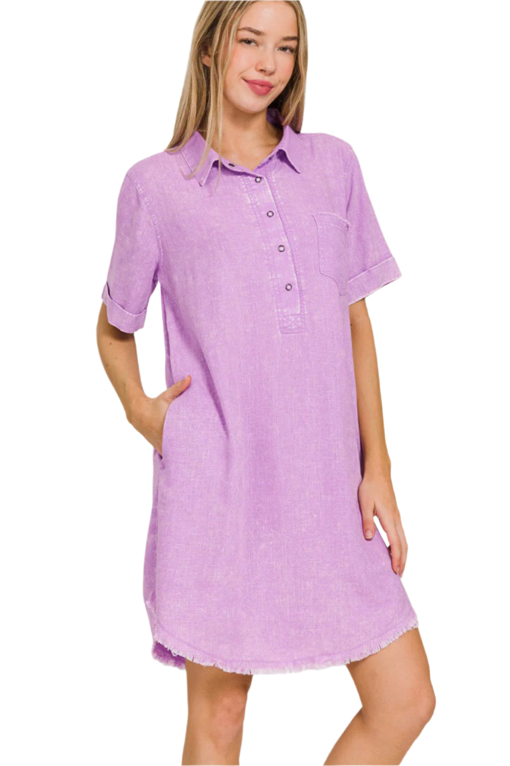 Women's Linen Style Dress With Raw Hem and Pockets