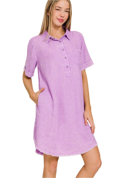Women's Linen Style Dress With Raw Hem and Pockets