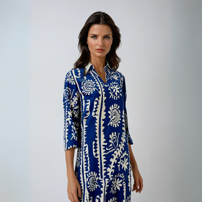 Women's Loose Printed Dress with V-Neck