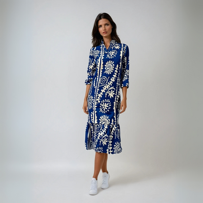 Women's Loose Printed Dress with V-Neck