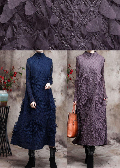 Women's Maxi Dress With Standing Collar and Three-Dimensional Decoration