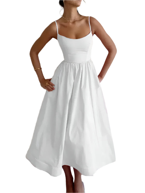 Women's Midi Dress U-Neck Plissé Spaghetti Straps