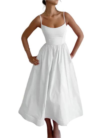 Women's Midi Dress U-Neck Plissé Spaghetti Straps