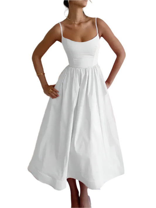 Women's Midi Dress U-Neck Plissé Spaghetti Straps