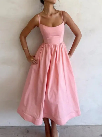 Women's Midi Dress U-Neck Plissé Spaghetti Straps