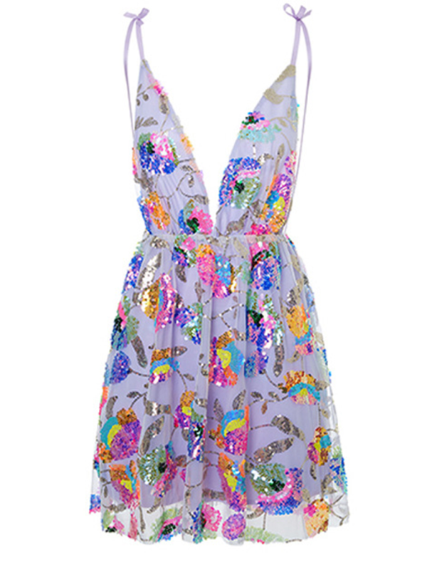 Women's Mini Dress Deep V-Neck Without Back With Sequins Floral Pattern