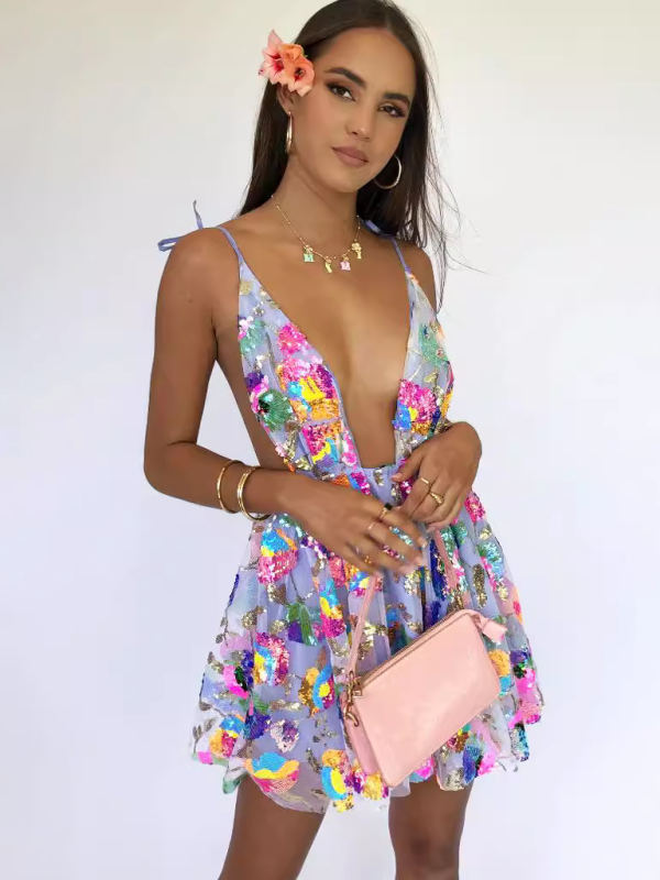Women's Mini Dress Deep V-Neck Without Back With Sequins Floral Pattern