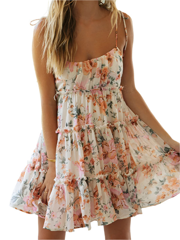 Women's Mini Dress Spaghetti Straps Floral Print Tiered
