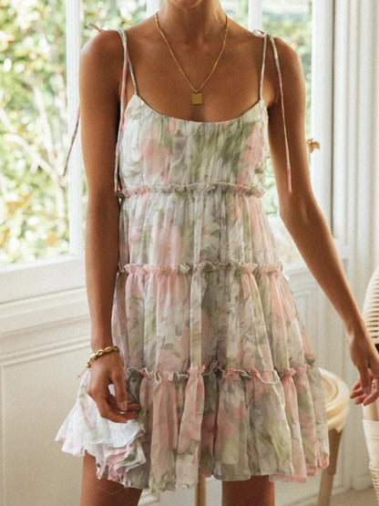 Women's Mini Dress Spaghetti Straps Floral Print Tiered