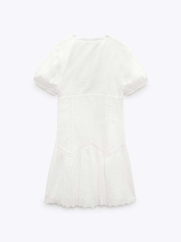 Women's Mini Dress V-Neck with Fluffy Sleeves and Embroidery