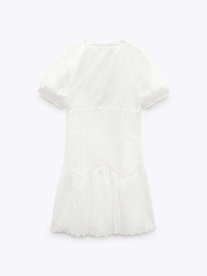Women's Mini Dress V-Neck with Fluffy Sleeves and Embroidery