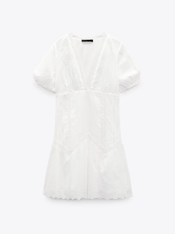 Women's Mini Dress V-Neck with Fluffy Sleeves and Embroidery