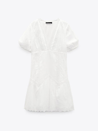 Women's Mini Dress V-Neck with Fluffy Sleeves and Embroidery