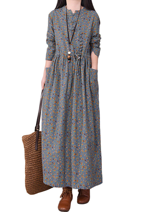 Women's O-Neck Dress with Print and Button Detail