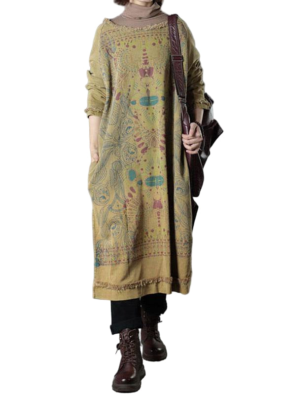 Women's O-Neck Cotton Dress with Side Slit