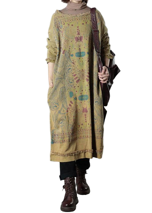 Women's O-Neck Cotton Dress with Side Slit