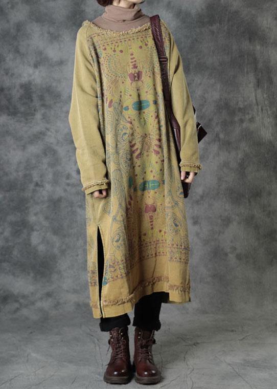 Women's O-Neck Cotton Dress with Side Slit