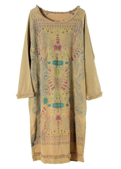 Women's O-Neck Cotton Dress with Side Slit