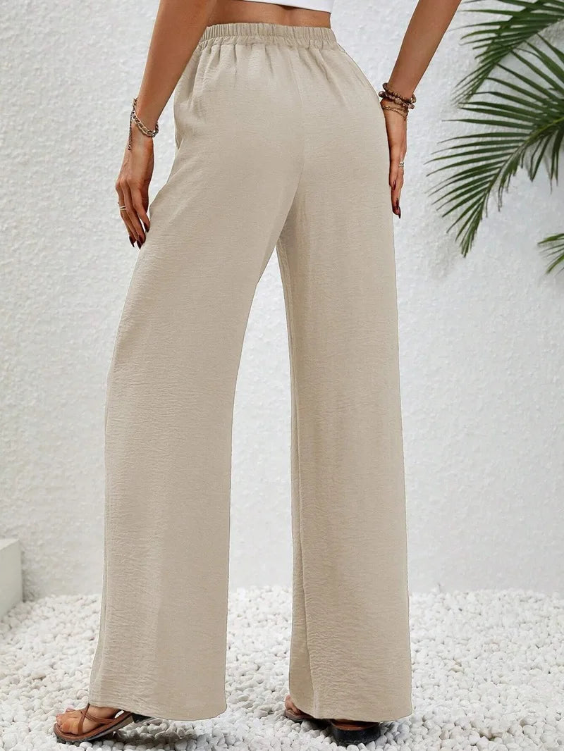 Women's Straight Trousers With Bow Front Elastic Waist High Quality Fabric