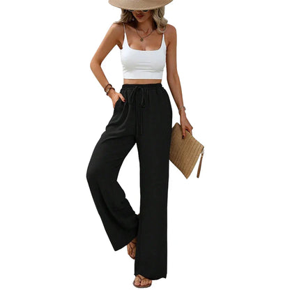 Women's Straight Trousers With Bow Front Elastic Waist High Quality Fabric