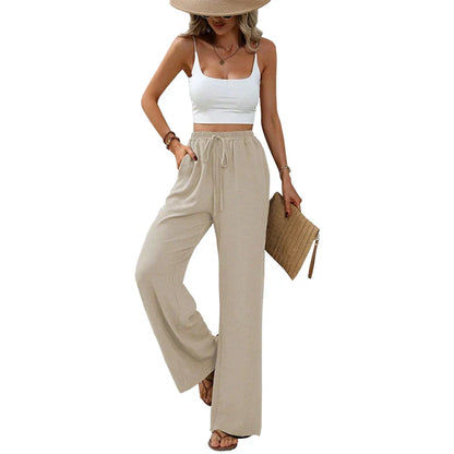 Women's Straight Trousers With Bow Front Elastic Waist High Quality Fabric