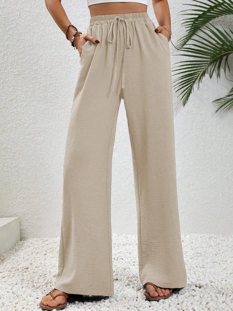 Women's Straight Trousers With Bow Front Elastic Waist High Quality Fabric