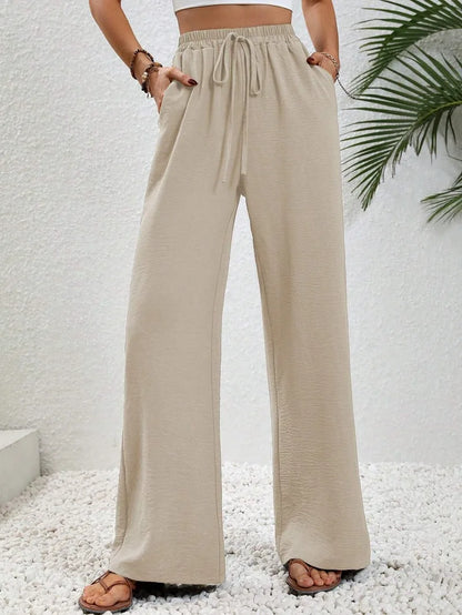 Women's Straight Trousers With Bow Front Elastic Waist High Quality Fabric
