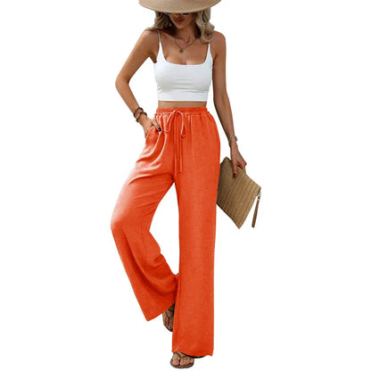 Women's Straight Trousers With Bow Front Elastic Waist High Quality Fabric