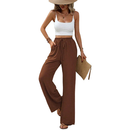 Women's Straight Trousers With Bow Front Elastic Waist High Quality Fabric