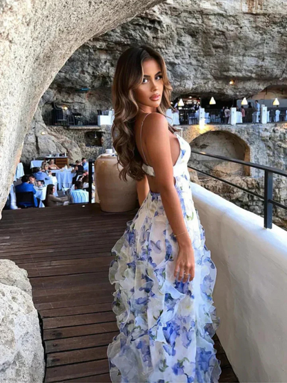 Women's Ruffled Floral Dress With Flowing Ruffles