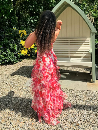 Women's Ruffled Floral Dress With Flowing Ruffles