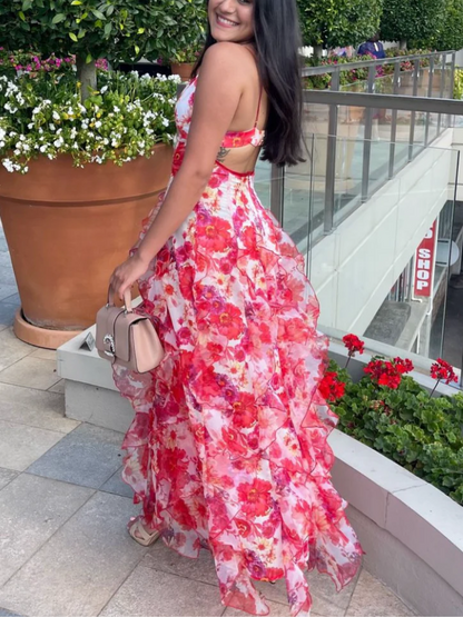 Women's Ruffled Floral Dress With Flowing Ruffles