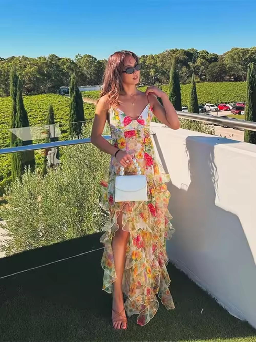 Women's Ruffled Floral Dress With Flowing Ruffles