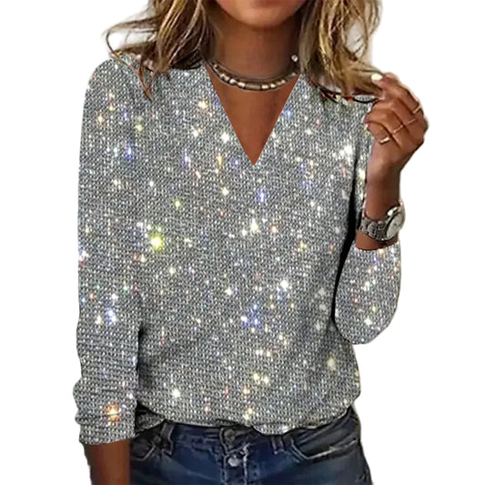 Women's V-Fragment Shiny Pullover With Sequins