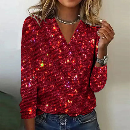 Women's V-Fragment Shiny Pullover With Sequins
