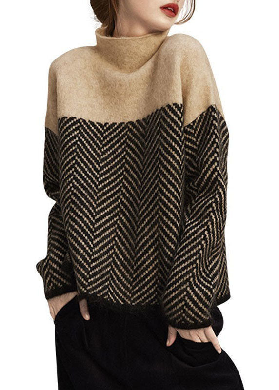 Warm Sweater Ladies Turtle Neck Knitted Style Pullover with Patchwork