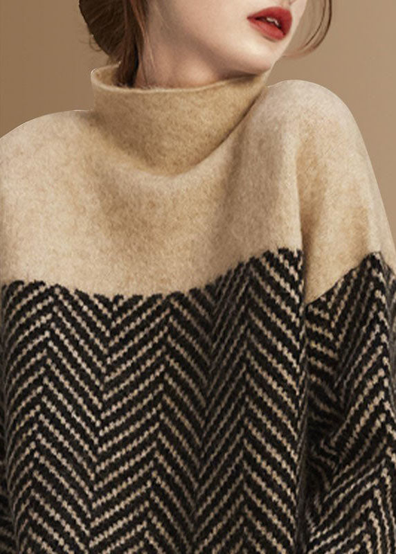Warm Sweater Ladies Turtle Neck Knitted Style Pullover with Patchwork