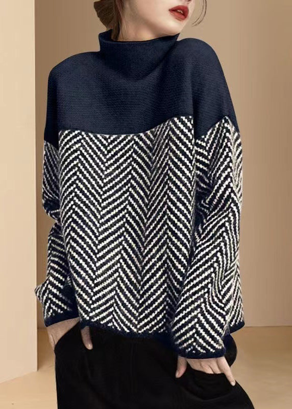 Warm Sweater Ladies Turtle Neck Knitted Style Pullover with Patchwork