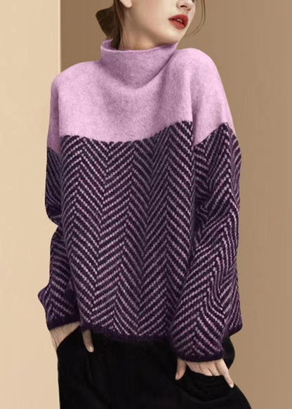 Warm Sweater Ladies Turtle Neck Knitted Style Pullover with Patchwork