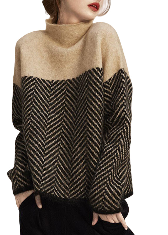 Warm Sweater Ladies Turtle Neck Knitted Style Pullover with Patchwork