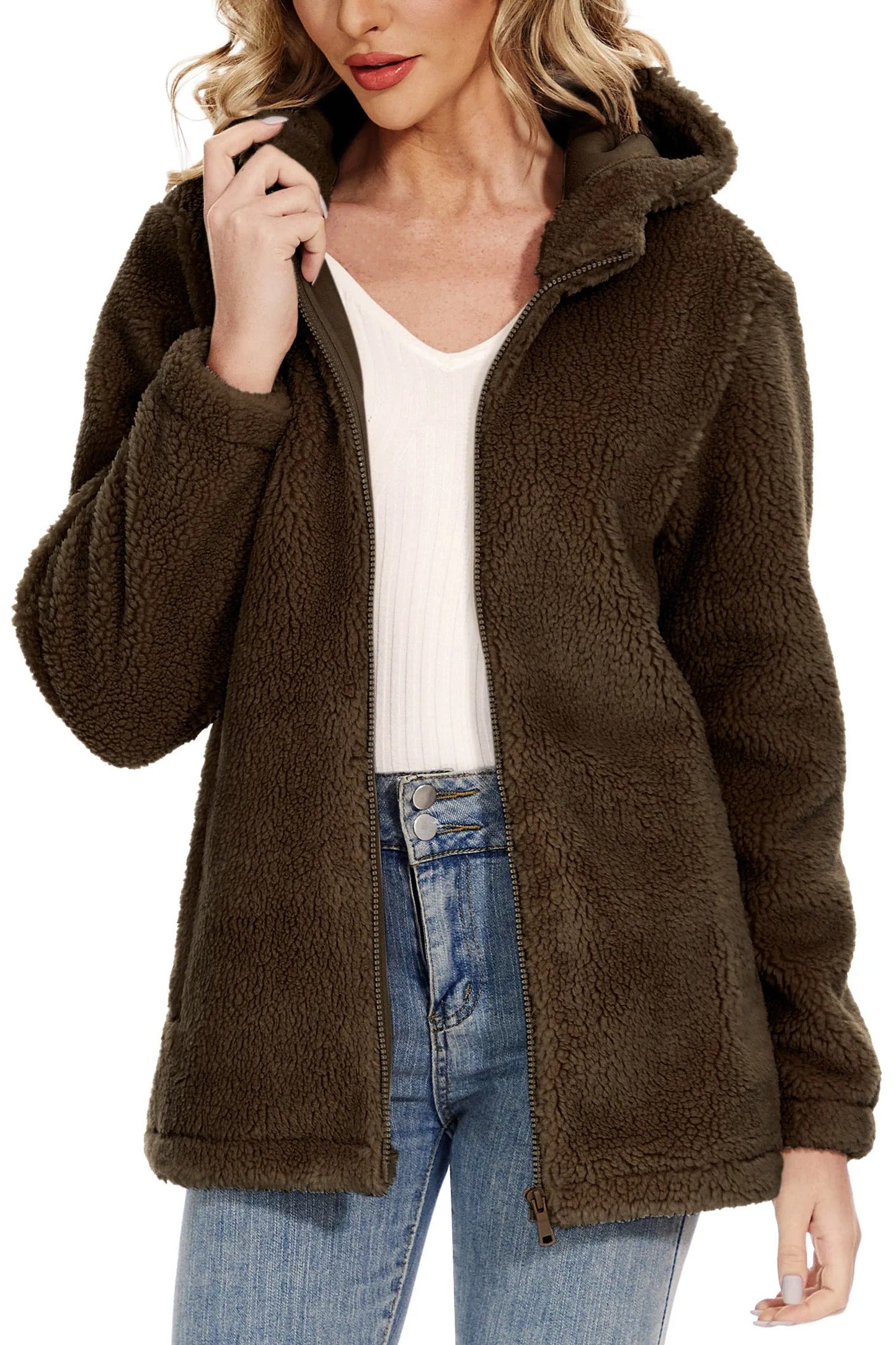 Warm fluffy women's coat
