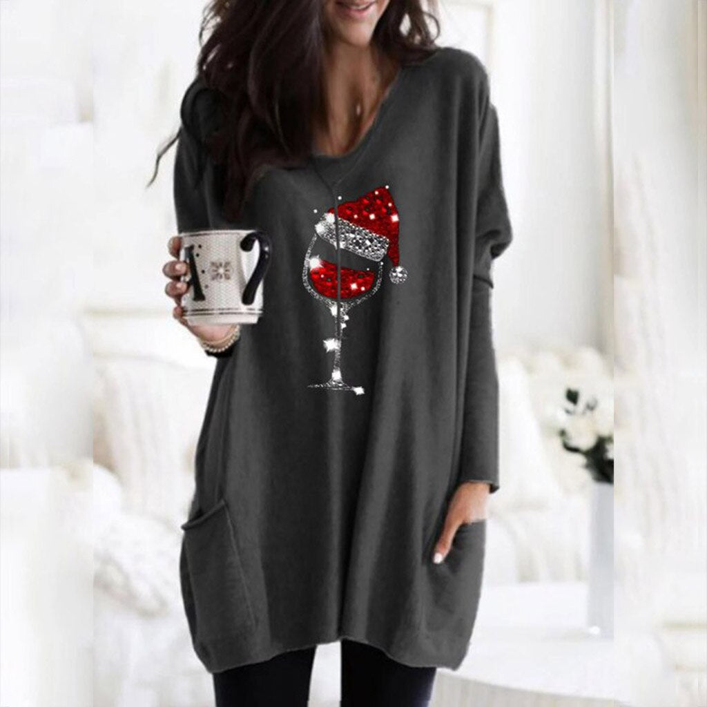 Wine & Christmas hat Sweatshirt for women