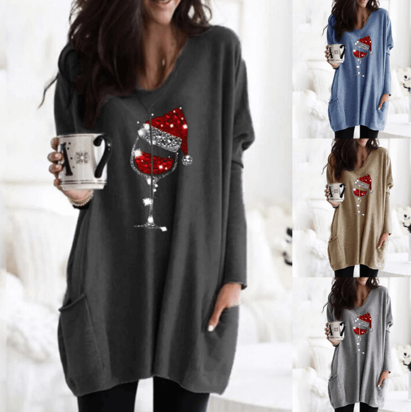 Wine & Christmas hat Sweatshirt for women