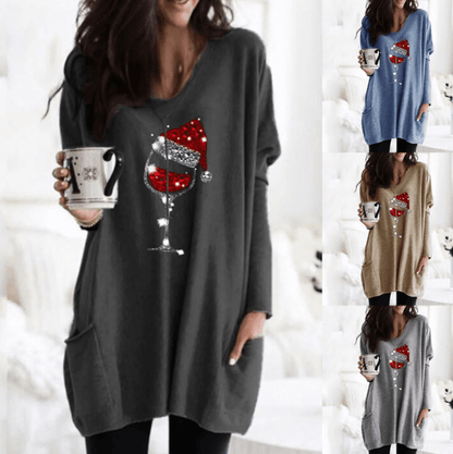 Wine & Christmas hat Sweatshirt for women